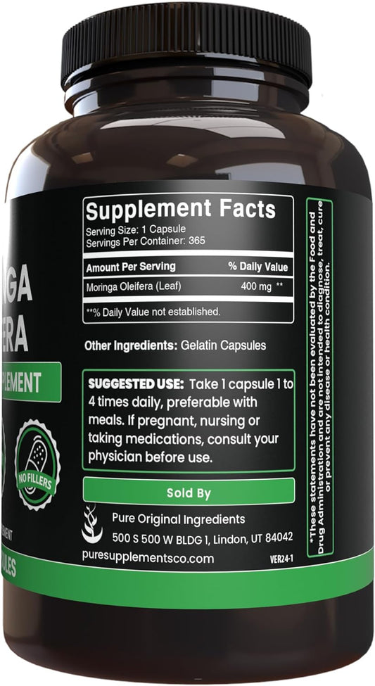 Pure Original Ingredients Moringa (365 Capsules) No Magnesium Or Rice Fillers, Always Pure, Lab Verified