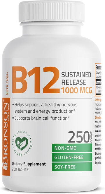 Bronson Vitamin B12 1000 Mcg (B12 Vitamin As Cyanocobalamin) Sustained Release Premium Non Gmo Tablets Supports Nervous System, Healthy Brain Function And Energy Production, 250 Count