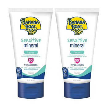 Banana Boat Sensitive 100% Mineral Face Sunscreen Lotion SPF 50 Twin Pack | Travel Size Sunscreen, Mini Sunscreen for Face, Banana Boat Face Sunscreen, Banana Boat Mineral Sunscreen SPF 50, 3oz each : Beauty & Personal Care