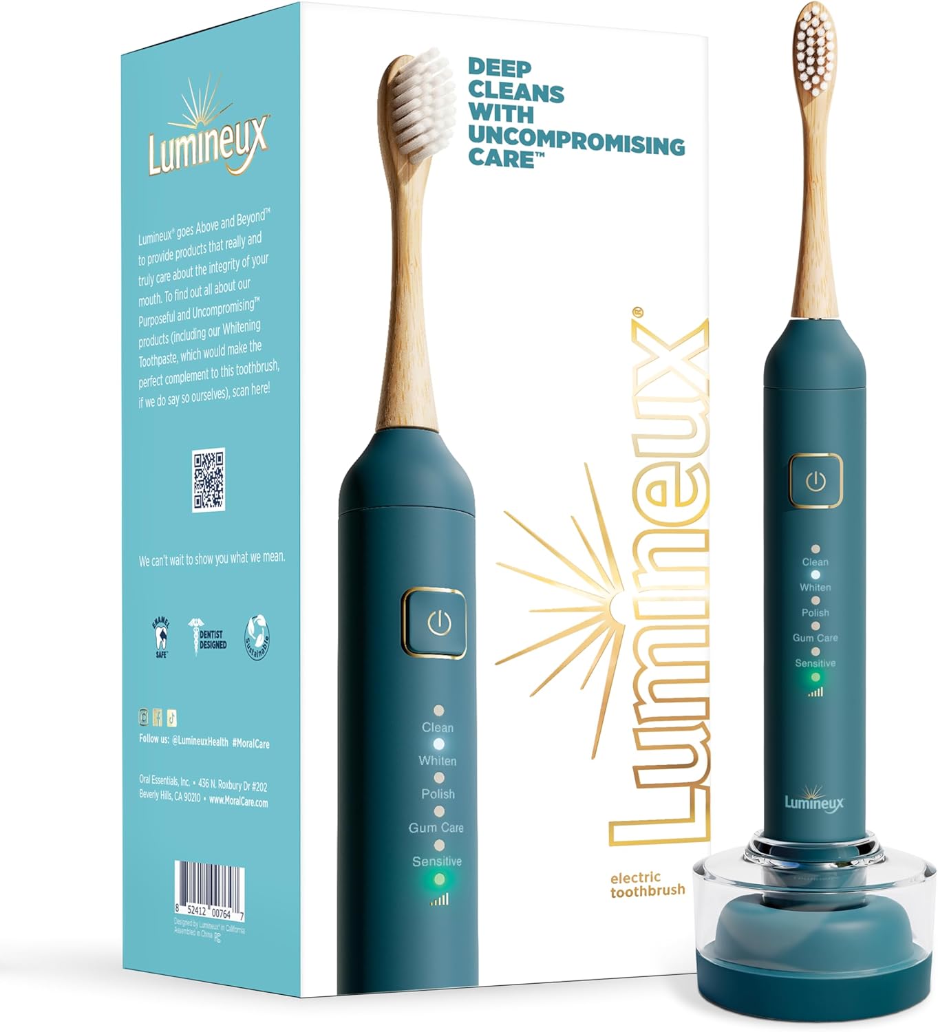 Lumineux Sonic Electric Toothbrush For Adults - Bamboo Heads -Deep Ocean (Blue)- Includes 2 Super Soft Bristle Bamboo Tooth Brush Heads, Charging Station & Usb Charge Cord - Rechargeable