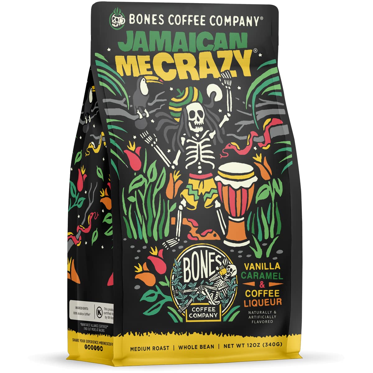 Bones Coffee Company Jamaican Me Crazy Ground Coffee Beans Vanilla Caramel, and Coffee Liqueur Flavor | 12 oz Medium Roast Low Acid Coffee | Flavored Coffee Gifts & Beverages (Ground)