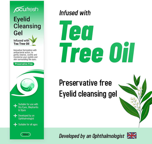 Ocufresh Eyelid Cleansing Gel With Tea Tree Oil – Hydraplus Technology For Long-Lasting Moisture - Antibacterial, Hydrating For Blepharitis, Styes – Natural, Preservative Free,For All Ages- 50Ml