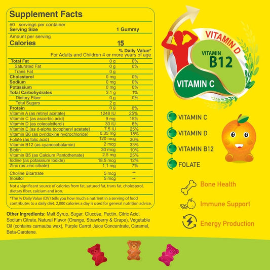 ALFA VITAMINS Multivitamin Gummy Bears for Kids with 13 Essential nutrients Including Vitamin C for Immune Support, Vitamin D3 for Bone-Teeth Health, and Vitamin B12-60 Count