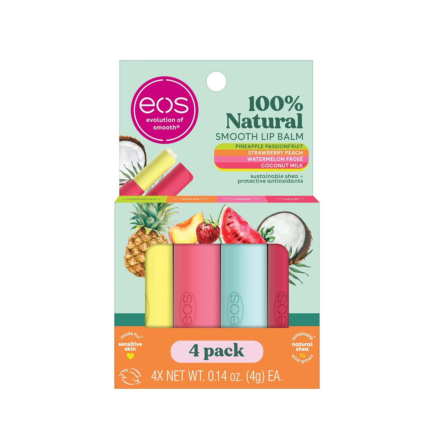 Eos 100% Natural Variety Pack Lip Balm Sticks, Coconut Milk, Watermelon Frose, Pineapple Passionfruit, & Strawberry Peach, Lip Care, Pack Of 4