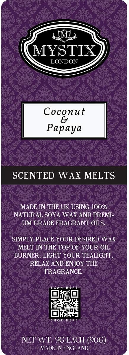 Mystix London | Coconut & Papaya - Wax Melts Clamshell 90g (10 cubes) | 100% Natural Soya Wax | Best Aroma for Home, Kitchen, Living Room and Bathroom | Perfect as a Gift | Handmade in UK