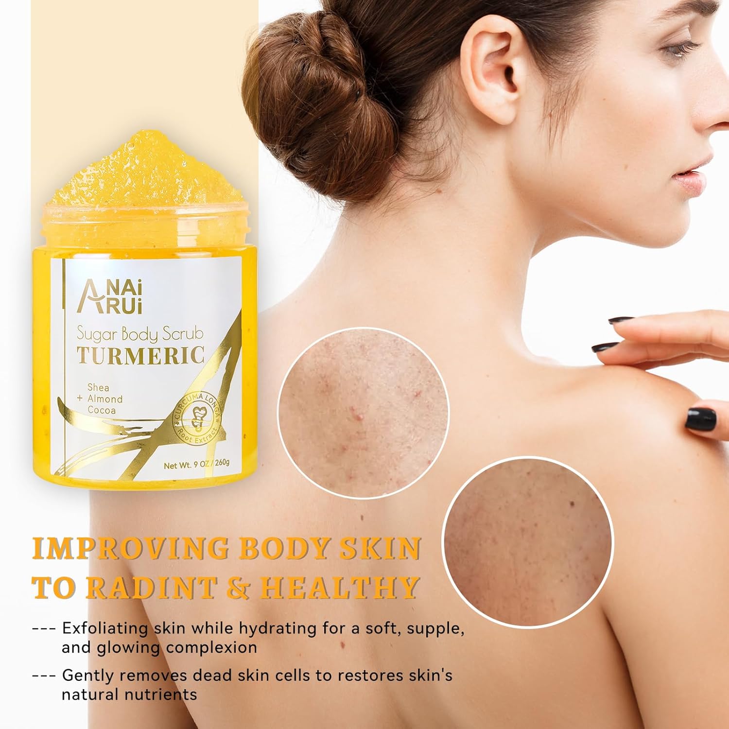 Anai Rui Turmeric Body Scrub Exfoliator, Sugar Scrub For Exfoliating, Smoothing, Hydrating Skin, Face & Body Scrub With Turmeric, Face Body Hand And Foot Scrub, Moisturizing Body Skincare, 9 Oz : Beauty & Personal Care