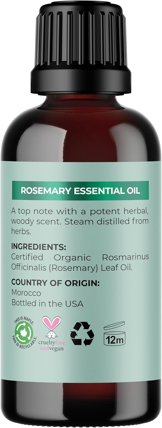 Certified Organic Rosemary Oil for Hair - Pure USDA Organic Rosemary Essential Oil for Hair Skin and Nails Plus Aromatherapy - Organic Hair Oil for Dry Scalp Treatment and Enhanced Volume and Shine