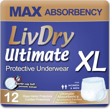 Livdry Ultimate Xl Adult Incontinence Underwear, High Absorbency, Leak Cuff Protection, X-Large, 12-Pack