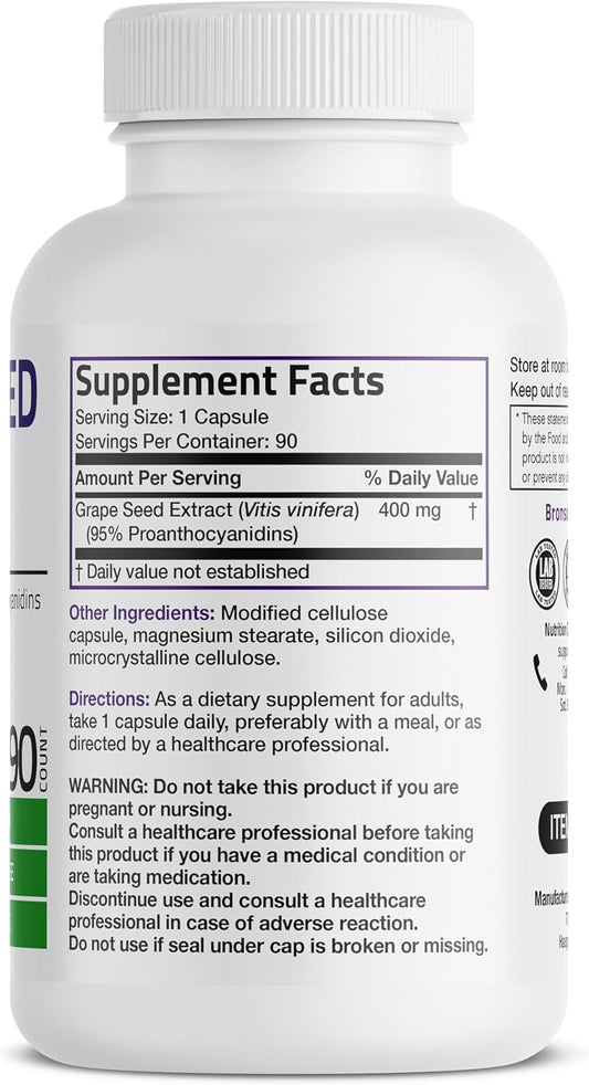 Bronson Grape Seed Extract 400 Mg - Antioxidant & Immune Support - Standardized Extract With 95% Proanthocyanidins- Non Gmo, 90 Vegetarian Capsules