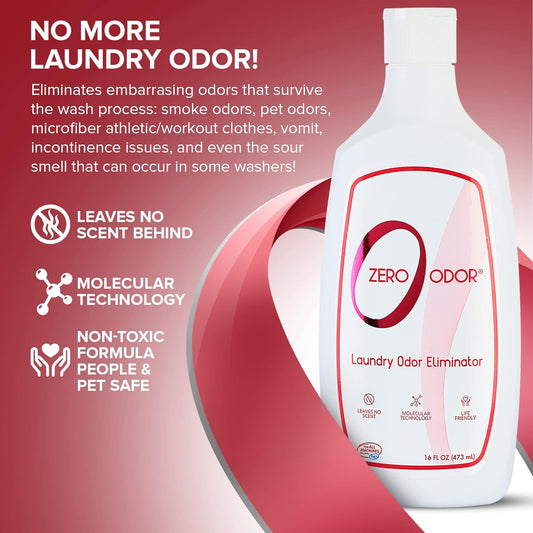 Zero Odor – Laundry Odor Eliminator - Permanently Eliminate laundry Odor – Patented Molecular Technology Best For Clothes, Towels & Linens, Shoes, Bags, Etc. - Smell Great Again, 16oz