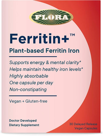 Flora- Iron Ferritin+ Plant-Based Supplement For Women - Non-Constipating, Highly Absorbable - Supports Vitality & Wellness - Vegan Iron Supplement From Flora Health - 30 Capsules - Delayed Release