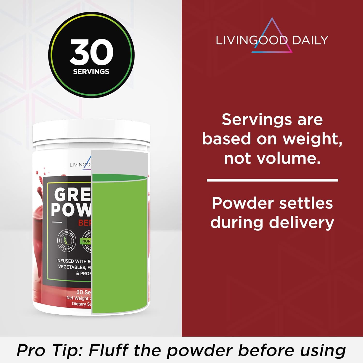 Livingood Daily Greens, Berry - Super Greens Powder for Gut Health - Green Blend Superfood with Spirulina, Chlorella, Veggie, Fruits, Herbs, Prebiotics & Enzymes - Smoothie Mix - 30 Servings : Health & Household