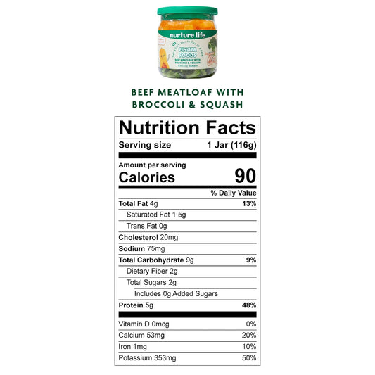 Nurture Life Baby Finger Foods, Freshly Prepared Stage 3 Toddler Meals, Ideal For Easy Self-Feeding, Nutritious Mealtime Solution For Busy Families, Supports Growth, Beef Meatloaf W/Broccoli & Squash