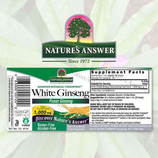 Nature's Answer White Ginseng Root Alcohol Free 1 Fluid Ounce | Immune Support | Promotes Cognitive Function | Mental Clarity and Focus