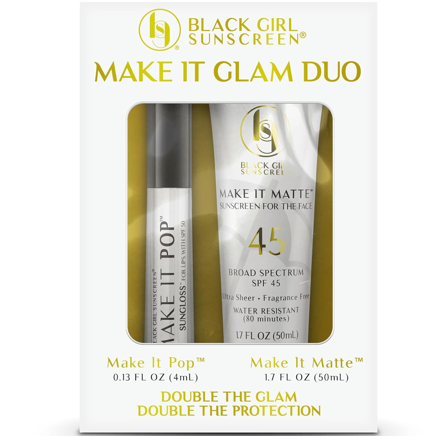 Make It Glam Duo Limited Edition Set - Bundle of 2 Products – 1 SPF 45 Make it Matte Sunscreen for Face & 1 Make it Make it Pop SPF 50 Sungloss for Protected Poppin' Lips