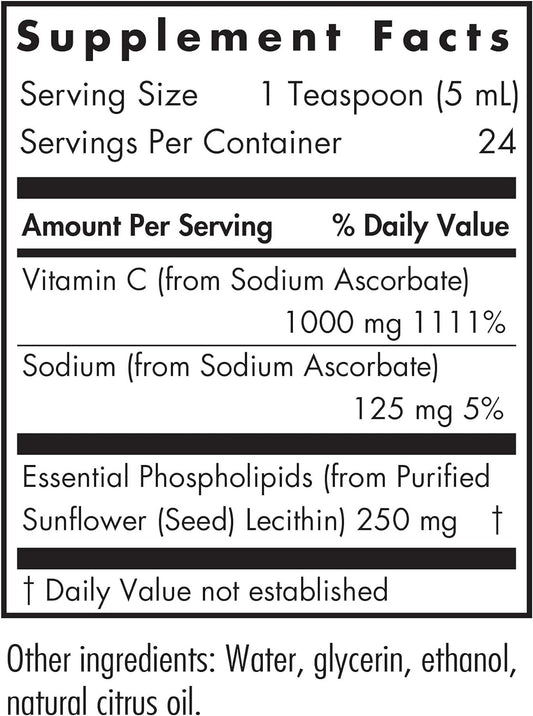 Nutricology Micro Liposomal C 1000mg Supplement - Liquid Vitamin C, Sunflower Phospholipids, Sodium Ascorbate, Organic, Bioavailable - 4 Fl Oz