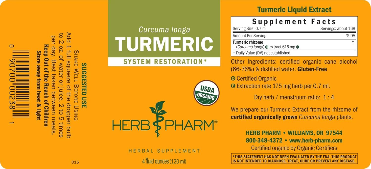 Herb Pharm Certified Organic Turmeric Root Liq Extract for Musculoskeletal System Support - 