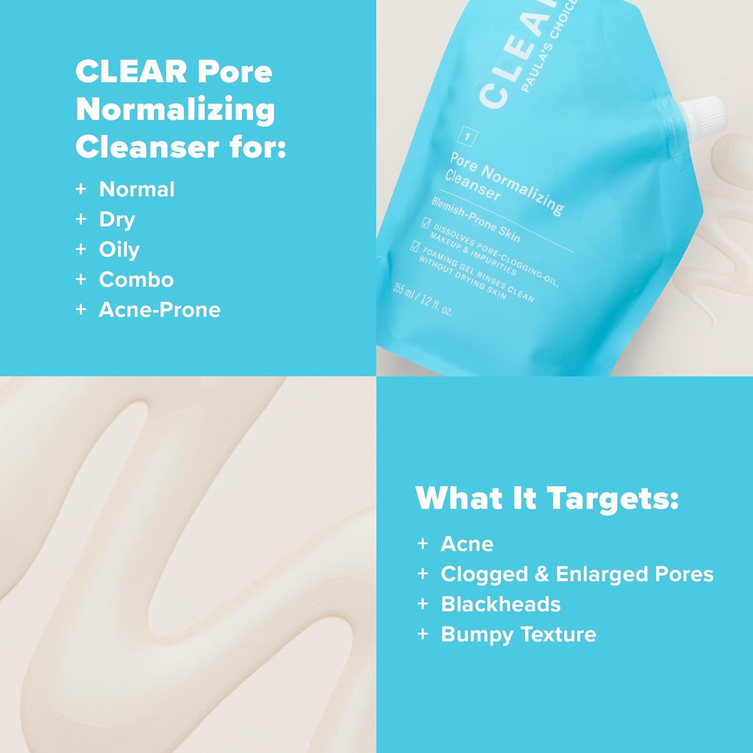 Paula's Choice CLEAR Pore Normalizing Cleanser Refill Pouch, Salicylic Acid Daily Face Wash for Acne, Blackheads, Large Pores & Redness, 12 Fl Oz : Beauty & Personal Care