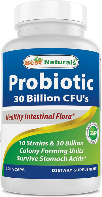 Best Naturals Probiotic 10 Strains & 30 Billion CFU Intestinal ora, 120 Veggie Capsules - Shelf Stable probiotic (4146365)