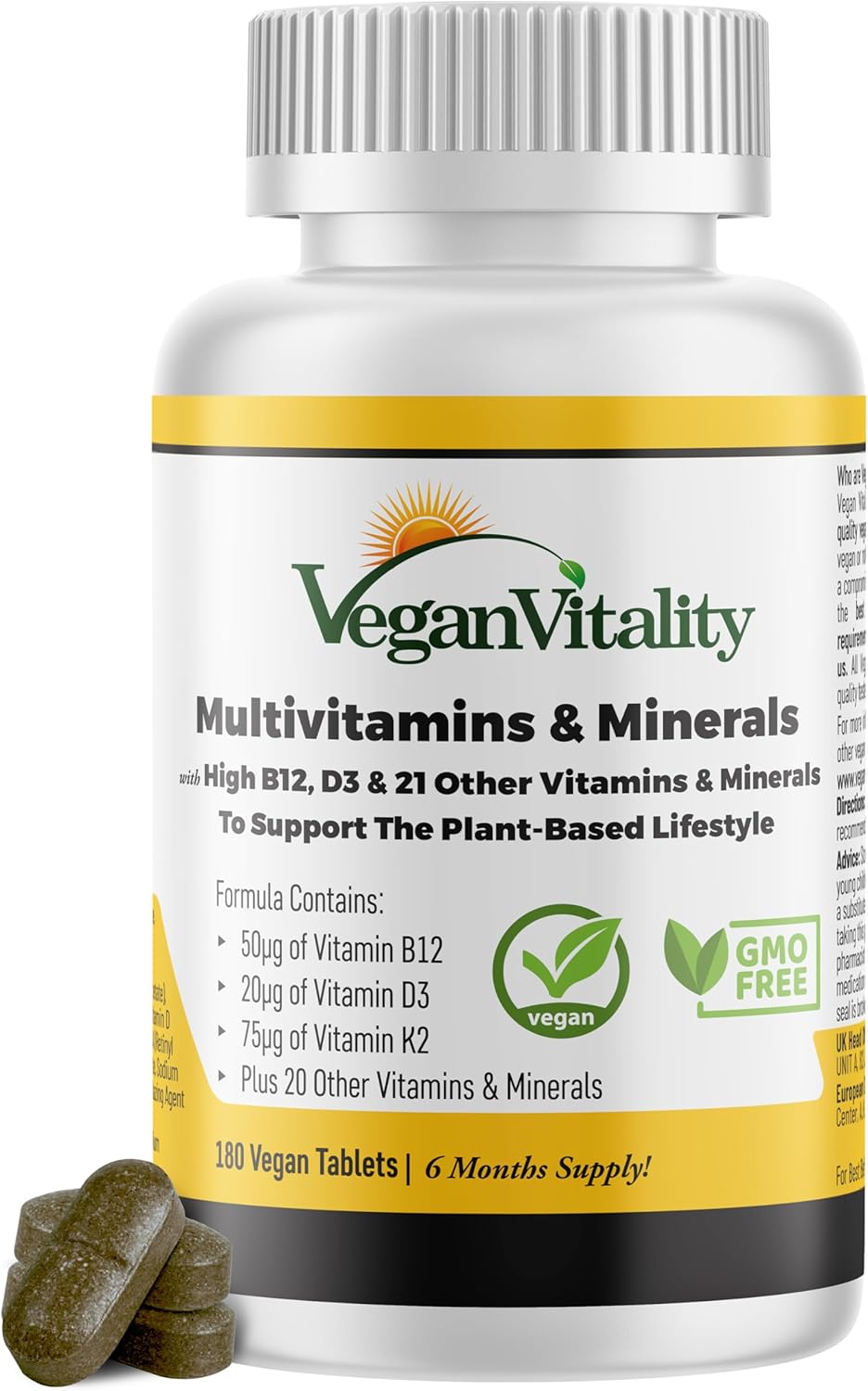 Vegan Vitality Multivitamins & Minerals For Women And Men With High Strength Vitamin B12, D3 & K2. 180 Vegan Multivitamin Tablets - 6 Months Supply. Vitamins For Vegans & Vegetarians