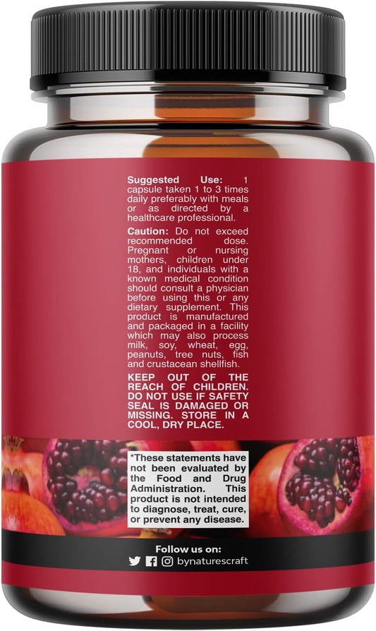 Pomegranate Extract Capsules Antioxidant Supplement - Natural Pomegranate Capsules for Heart Health Joint Support and Pre Workout for Men and Women - Nitric Oxide Supplement with Brain Health Vitamins