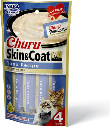 INABA Churu Lickable Purée Natural Cat Treats for Skin and Coat with Omega Oils, Taurine and Vitamin E, 0.5 Ounces Each - Tuna Recipe (4 Tubes)