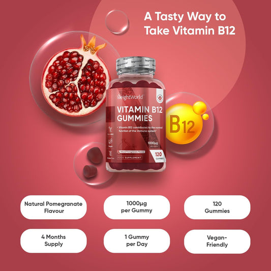 Vitamin B12 Gummies - 120 Gummies - 4 Months Supply - 1000Mcg - 1 Per Day - Vegan & Gluten-Free - Tasty, Natural Pomegranate Flavour - Bioavailable Methylcobalamin Form - B12 Vitamin Supplement