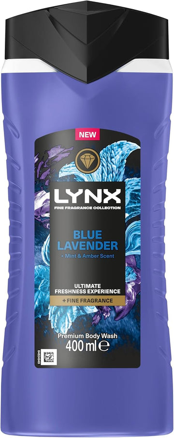 Lynx Fine Fragrance Collection Blue Lavender Premium Body Wash Body Cleanser Shower Gel With A Lavender, Mint & Amber Scent For 12 Hours Of Freshness 400 Ml