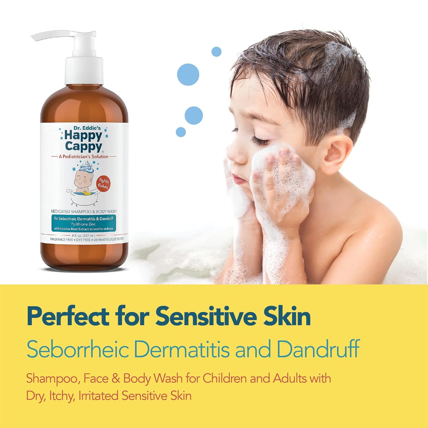 Happy Cappy Dr. Eddie’s Medicated Shampoo for Children, Treats Dandruff & Seborrheic Dermatitis, No Fragrance, Stops Flakes and Redness on Sensitive Scalps and Skin, Cradle Cap Brush Not Needed, 8 Oz : Baby