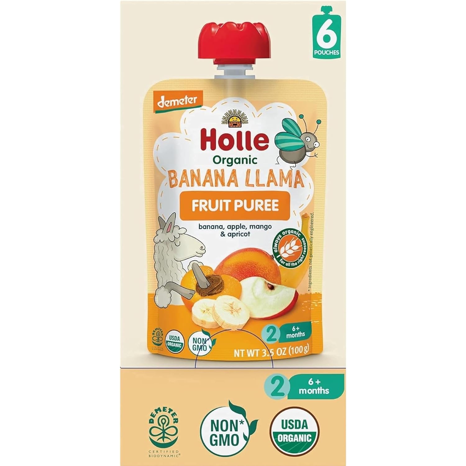 Holle Organic Baby Food Pouches - Banana Llama Baby Puree with Banana, Apple, Mango and Apricot - (6 Pack) Organic Baby Snacks + Fruit and Veggie Pouches for Weaning Babies 6 Months and Older