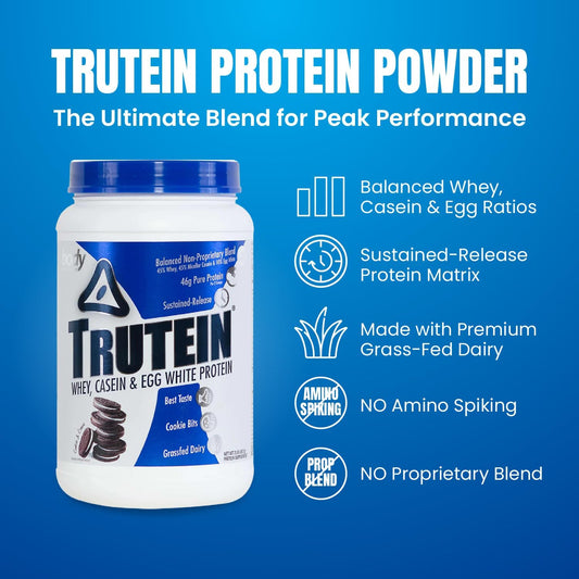 Body Nutrition Trutein High Protein Powder: 45% Whey, 45% Casein, 10% Egg White Protein Shake Mix, Low Sodium, Low Carb Protein Supplement Powder For Men & Women, Cookies & Cream, 2Lb