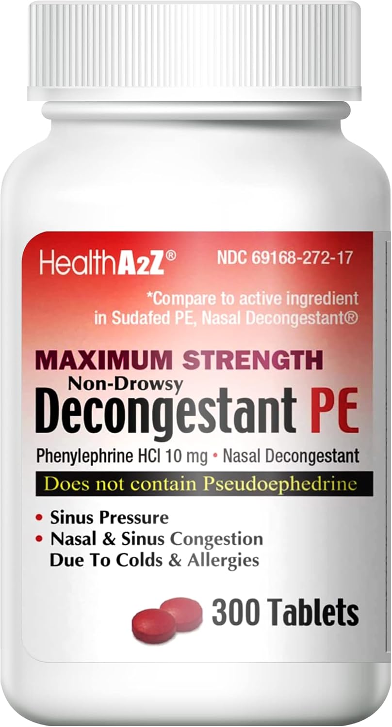 Healtha2Z® Decongestant Pe | Phenylephrine Hcl 10 Mg | Maximum Strength | Non-Drowsy Nasal & Sinus Congestion Relief Due To Cold & Allergies (300 Count (Pack Of 1))