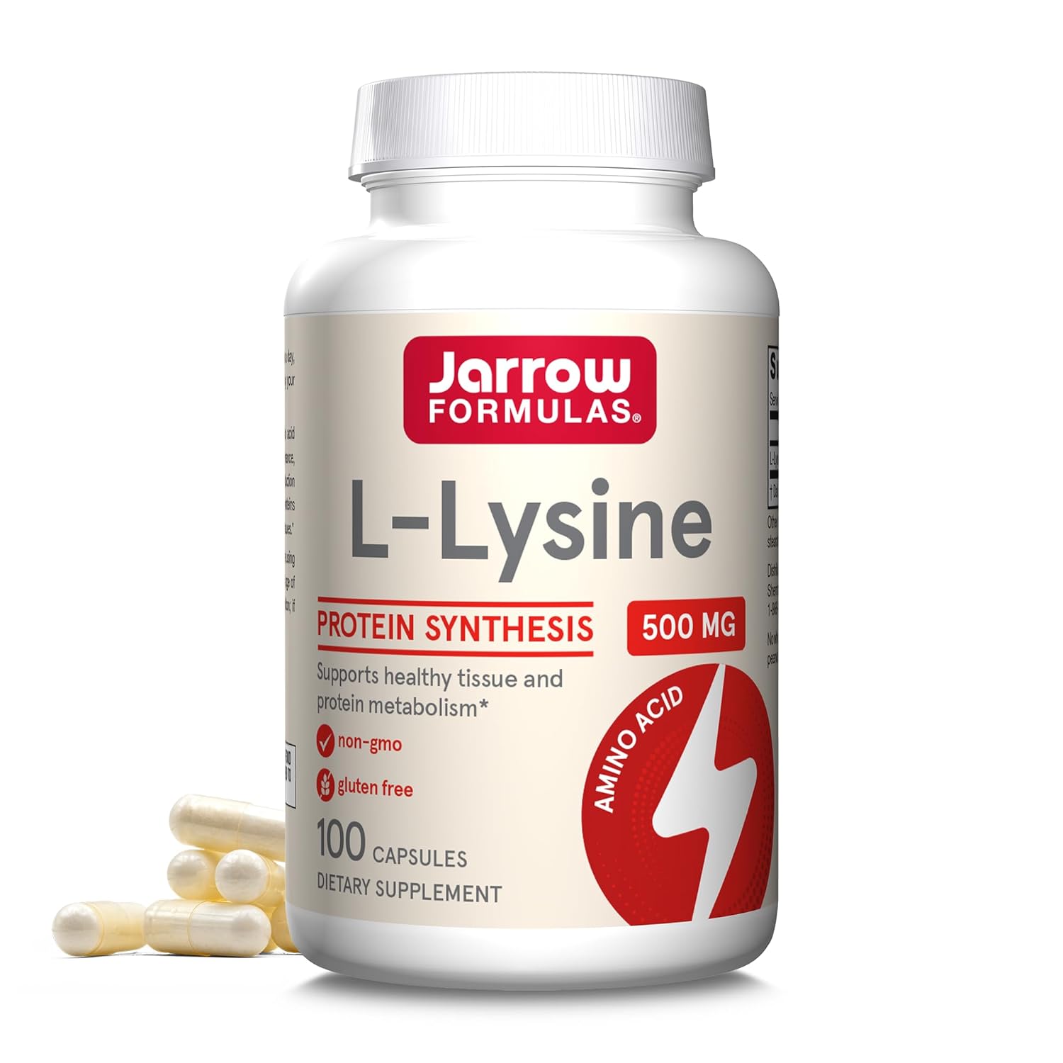 Jarrow Formulas L-Lysine 500 Mg, Dietary Supplement, Amino Acid For Protein Synthesis And Healthy Tissue Support, 100 Capsules, 100 Day Supply