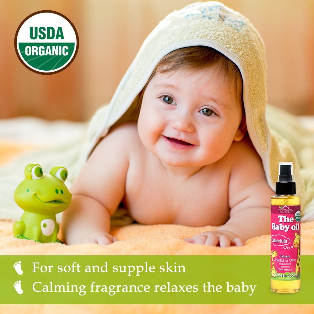 US Organic Baby Oil with Calendula, Smooth Caribbean Coconut, Certified Organic by USDA, Jojoba & Olive Oil with Vitamin E, No Alcohol, Paraben, Artificial Detergents, Color, Synthetic Perfume, 135ml : Baby