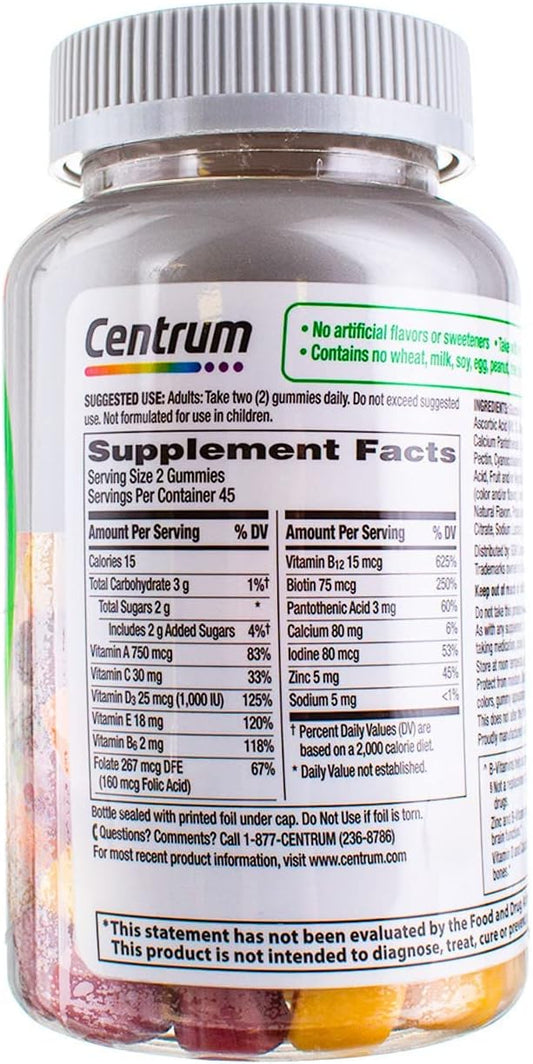 Centrum MultiGummies Gummy Multivitamin for Adults 50 Plus, Multivitamin/Multimineral Supplement with Calcium, Zinc and Vitamins B and D, Assorted Fruit avor - 90 Count