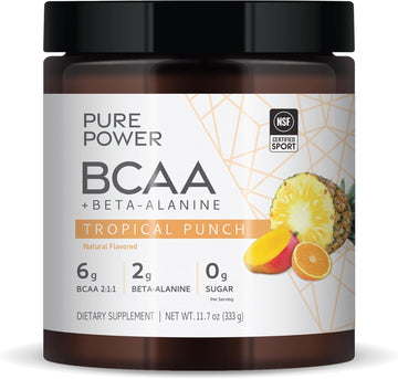 Dr. Mercola Pure Power BCAA + Beta-Alanine, Tropical Punch Flavor, 11.7 oz (333 g), 30 Servings, 6g BCAA, 2g Beta-Alanine, 0g Sugar, Non-GMO