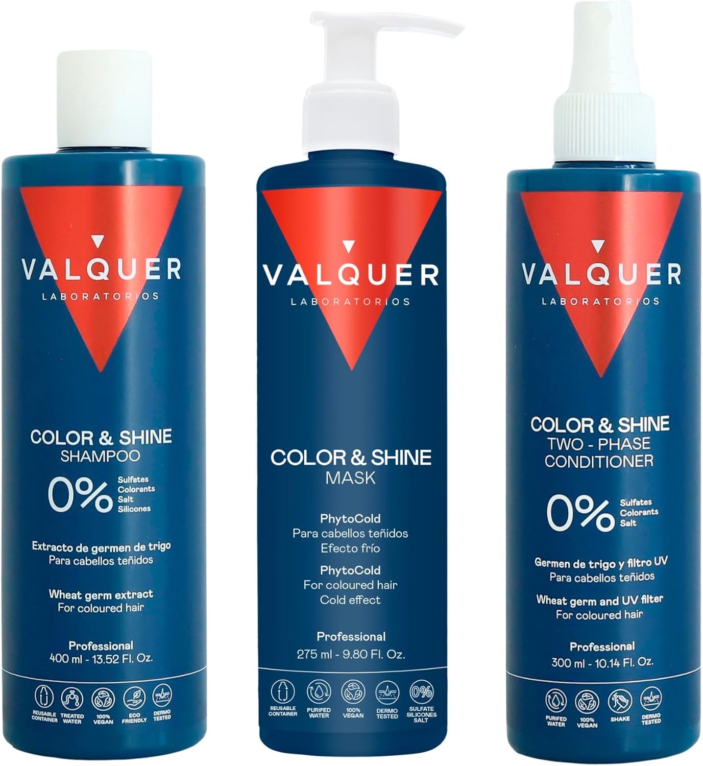 Valquer Color And Shine Enhancer Pack For Dyed Hair Moisturizes And Revitalizes. Shampoo 400 Ml, Mask 275 Ml And Biphasic Conditioner 300 Ml Zero Formula With Wheat Germ Extract. Vegan