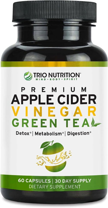 Trio Nutrition Apple Cider Vinegar Capsules With Green Tea - Sugar Free Apple Cider Vinegar Pills With The Mother For Body Cleanse, Immune, Weight Management & Metabolism Support