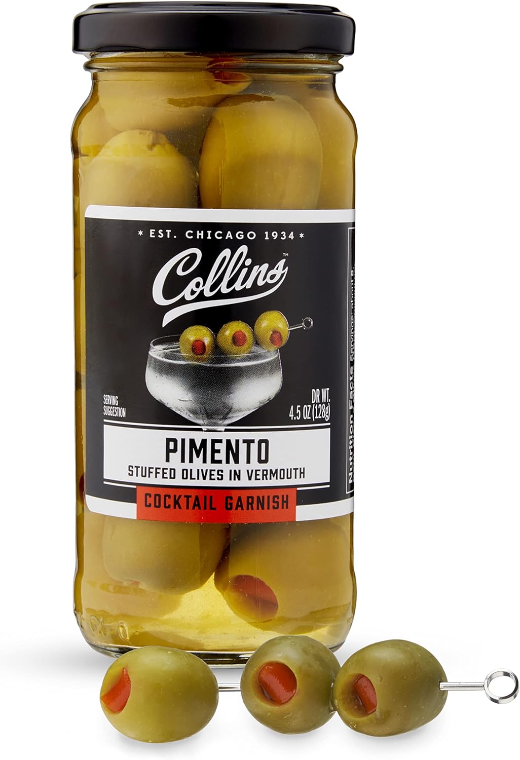 Collins Gourmet Vermouth Pimento Olives | Premium Garnish for Cocktails, Martinis, Drinks, Salads, Snack Trays, Charcuterie, and Cheese Spreads, 5oz