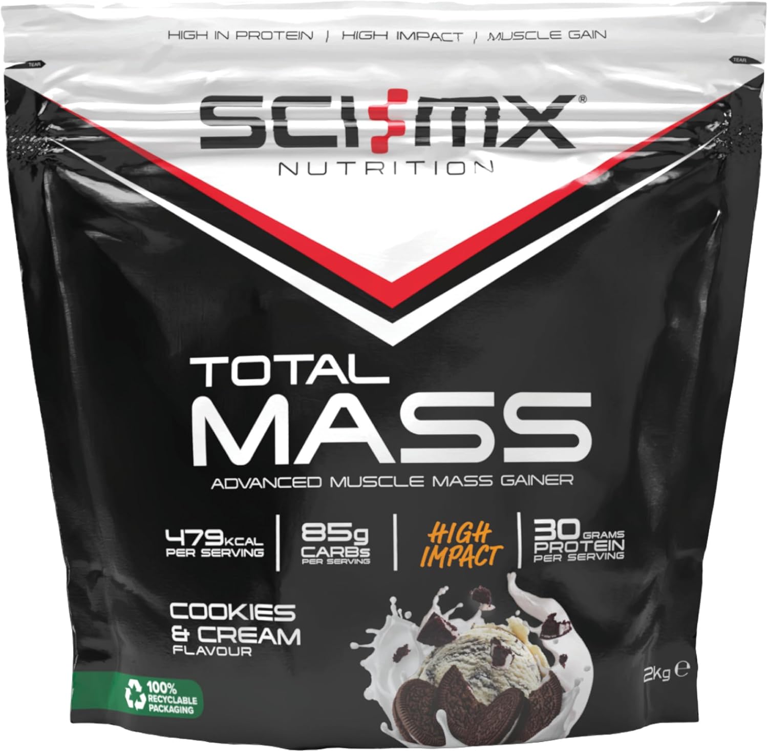 Sci-Mx Total Mass - Advanced Muscle Mass Gainer Protein Powder - Muscle Growth & Weight Gain - Cookies & Cream • 30G Protein + 477 Calories Per Serving • 2Kg