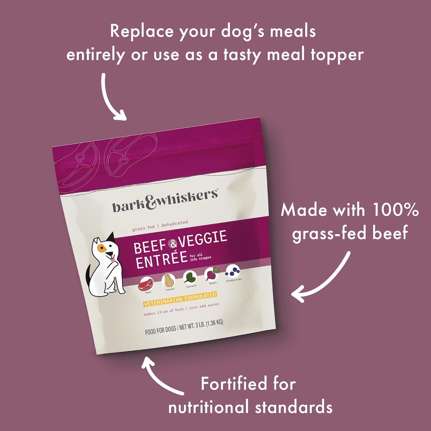 Dr. Mercola Bark & Whiskers Dehydrated Beef and Veggie Entrée, 3 lb., Makes 12 lbs. of Food for Dogs, Digestive Support, Vet Formulated, Non-GMO : Pet Supplies