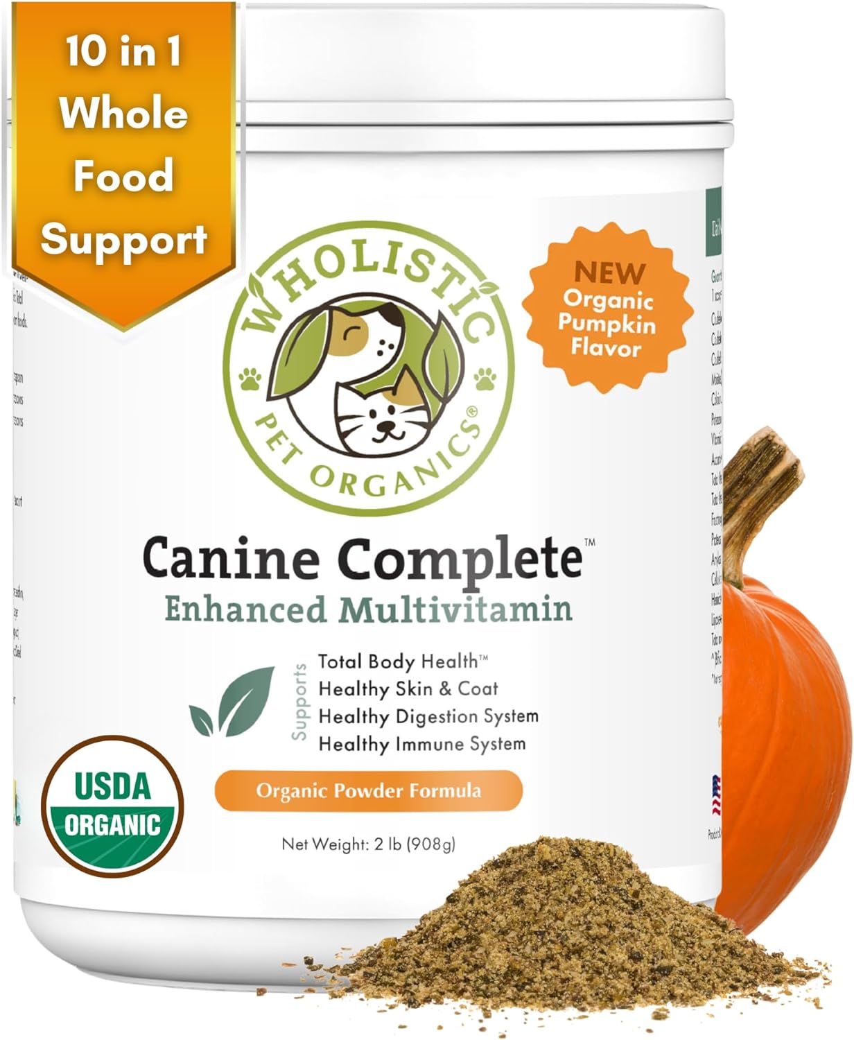 Wholistic Pet Organics Canine Complete: Organic Pumpkin Supplement for Dogs 2lb - Pumpkin Powder for Dogs - Fiber Supplement for Dogs - USDA Certified Organic - Supports Digestion, Heart & Gut Health