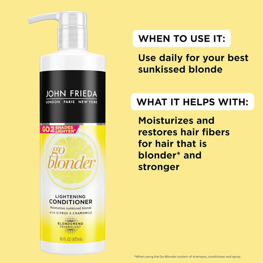 John Frieda Sheer Blonde Go Blonder Hair Conditioner, Gradual Lightening Conditioner For Blonde Hair, With Citrus And Chamomile, Featuring Our Blondmend Technology, 16 Oz