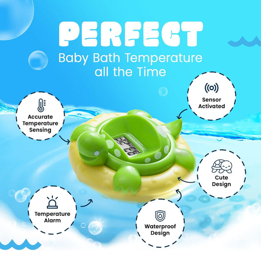 Aquatopia - Baby Bath Thermometer Floating Toy with Digital Audible Alarm, Baby Water Thermometer for Bath Temp, Cute Baby Bath Essentials, Beeps When Too Hot or Too Cold, Trevor Turtle, Green