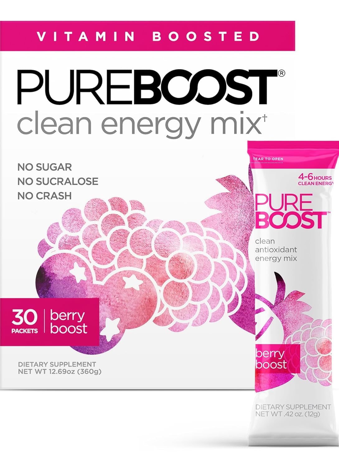 Pureboost Clean Energy Booster, Refreshing Energy Drink Mix With B12 Vitamins, Electrolytes, Antioxidants, Sugar-Free With No Sucralose (Berry Boost, 30 Count)