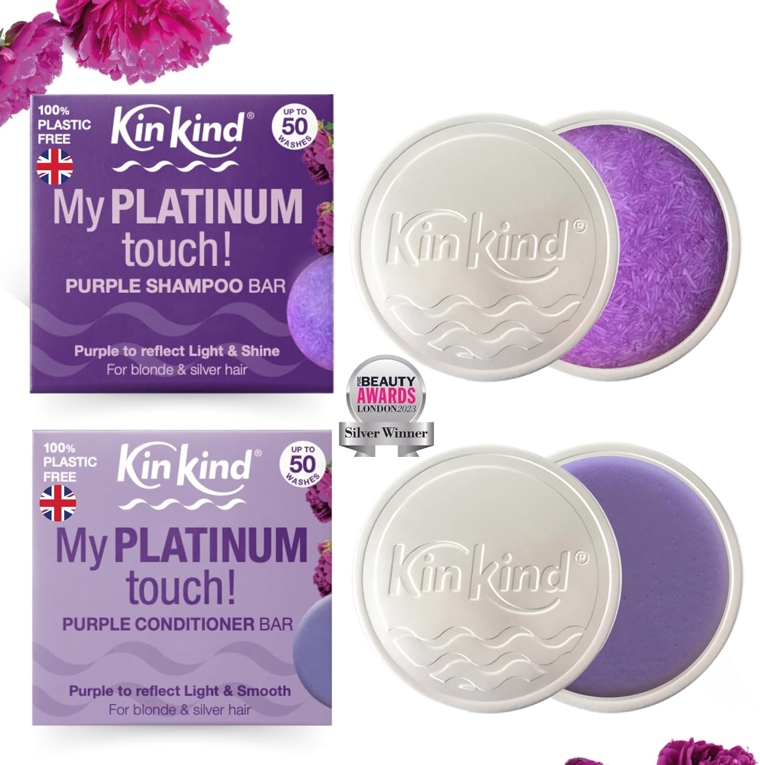Kinkind My Platinum Touch! Purple Shampoo Bar & Conditioner Bar Set For Platinum Shine On Blonde & Silver Hair - Up To 50 Washes - Travel Essentials With 2 Kinkind Travel Tins