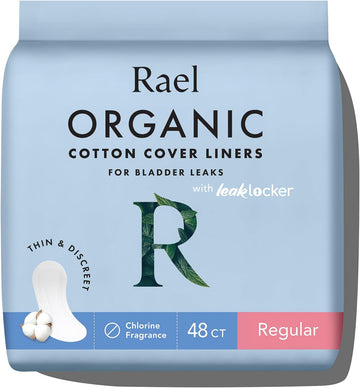 Rael Incontinence Liners For Women, Organic Cotton Cover - Postpartum Essential, Regular Absorbency, Bladder Leak Control, 4 Layer Core With Leak Guard Technology, (Regular, 48 Count)