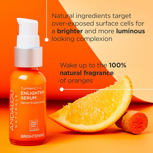 Andalou Naturals Turmeric + C Enlighten Serum, Skin Brightening with Vitamin C & Turmeric, Anti-Aging Care, Diminish Sun Damage, Lighten Skin, 1.1 Fl Oz