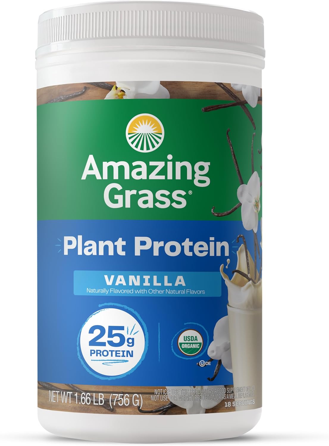 Amazing Grass Vegan Protein Powder, Plant Based Organic Blend With 25G Of Protein, Dairy, Gluten & Soy Free - Creamy Vanilla (18 Servings)