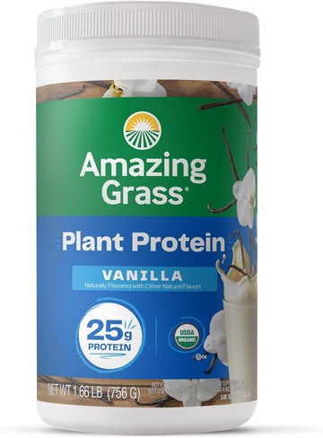 Amazing Grass Vegan Protein Powder, Plant Based Organic Blend With 25G Of Protein, Dairy, Gluten & Soy Free - Creamy Vanilla (18 Servings)